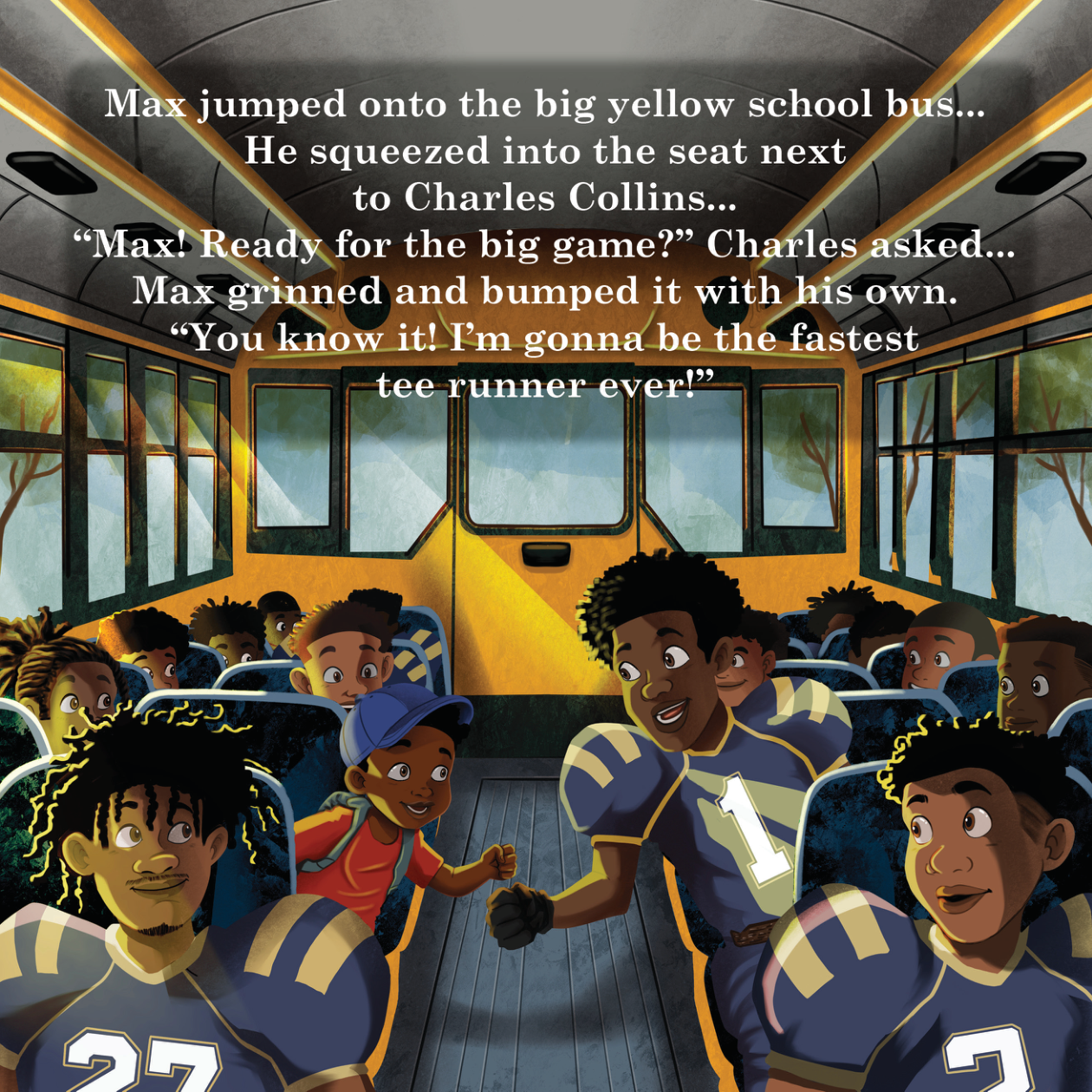 Max on the school bus with the team