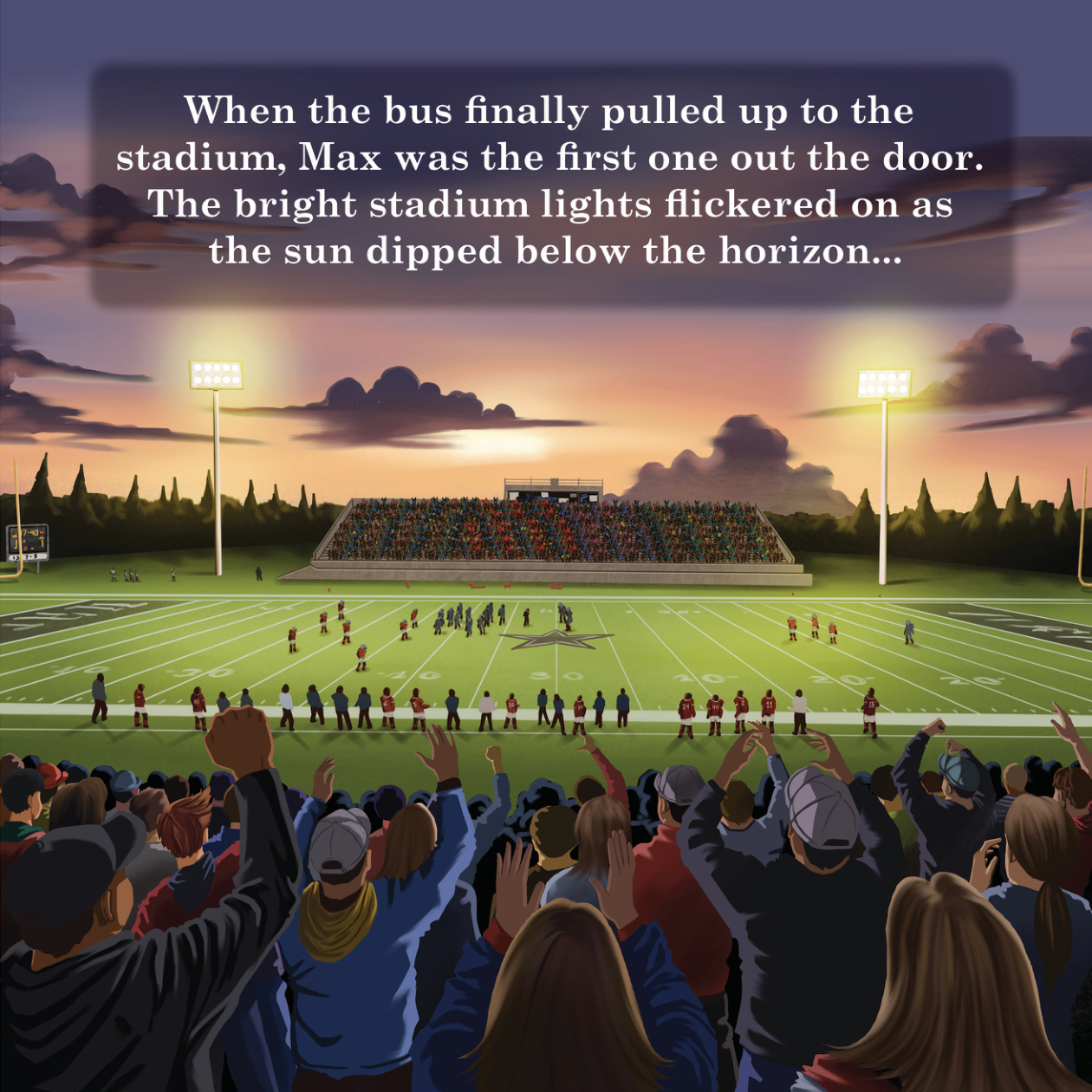The stadium at sunset — lights flickering on