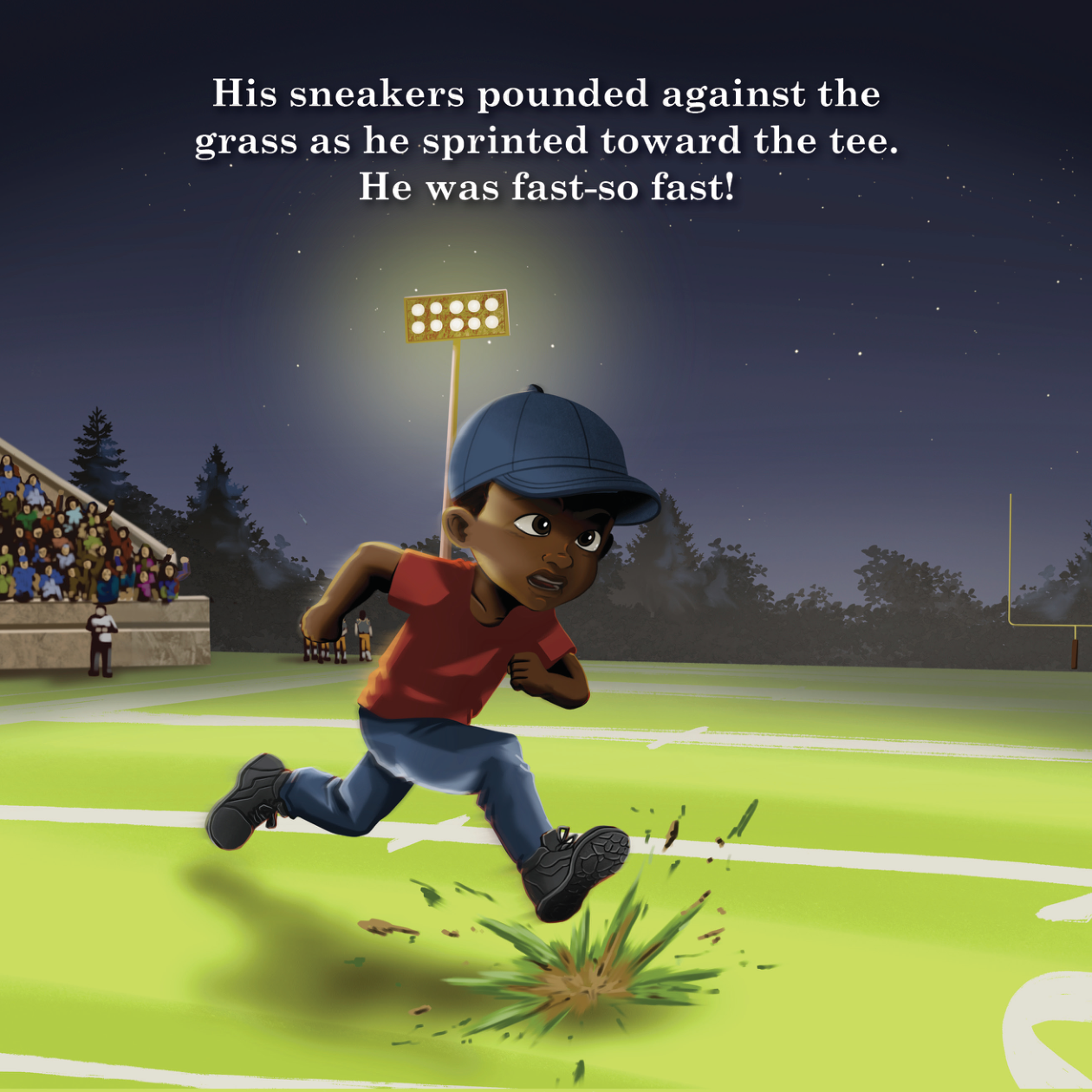 Max sprinting across the football field to grab the tee