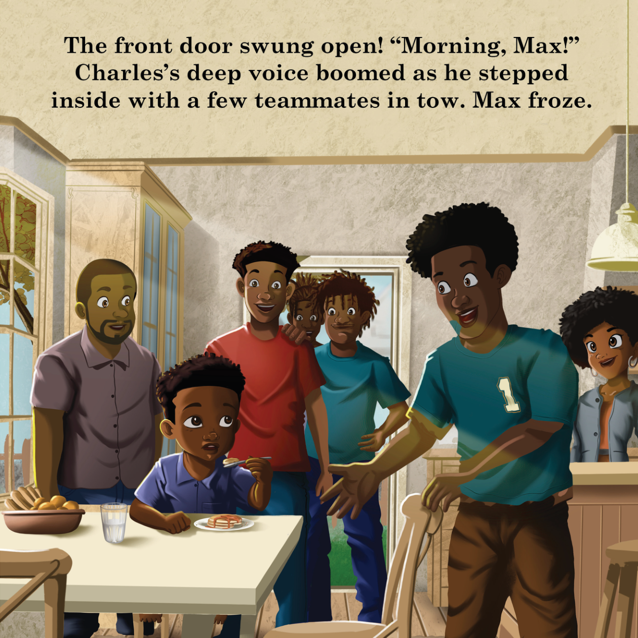 Charles and teammates burst into Max's kitchen